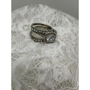 Square Halo Round Cut Faux Diamond Ring & Stacked Ring Set Silver 925- 3 Rings